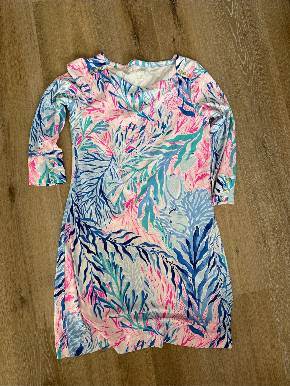 Lilly Pulitzer Pink, Blue & Teal Botanical Print Long Sleeve Dress